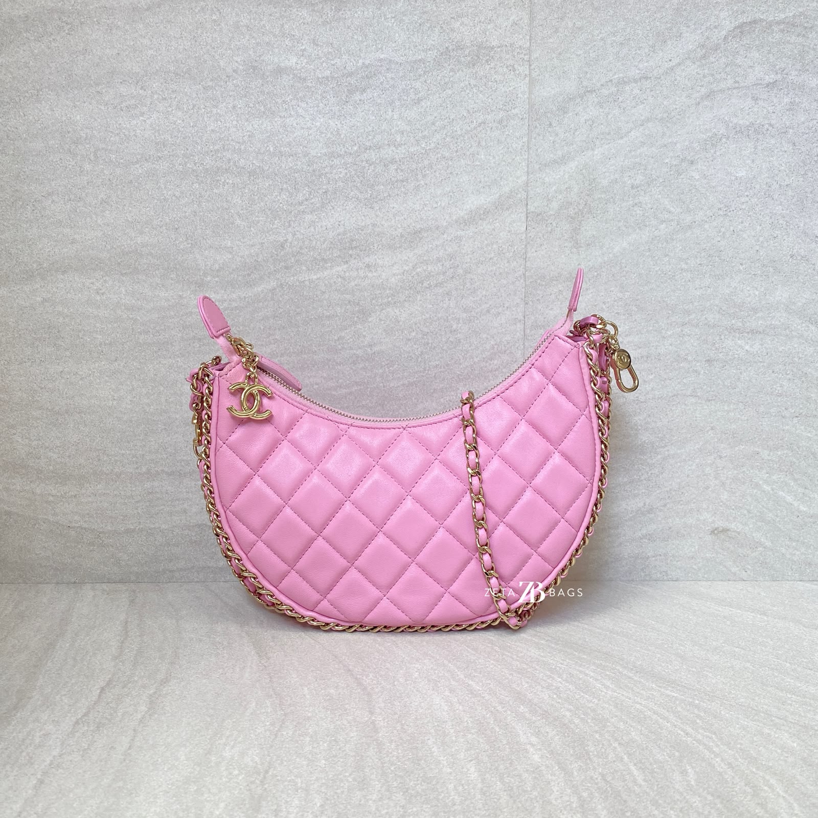Chanel Half Moon Chain Hobo Bag Pink GHW