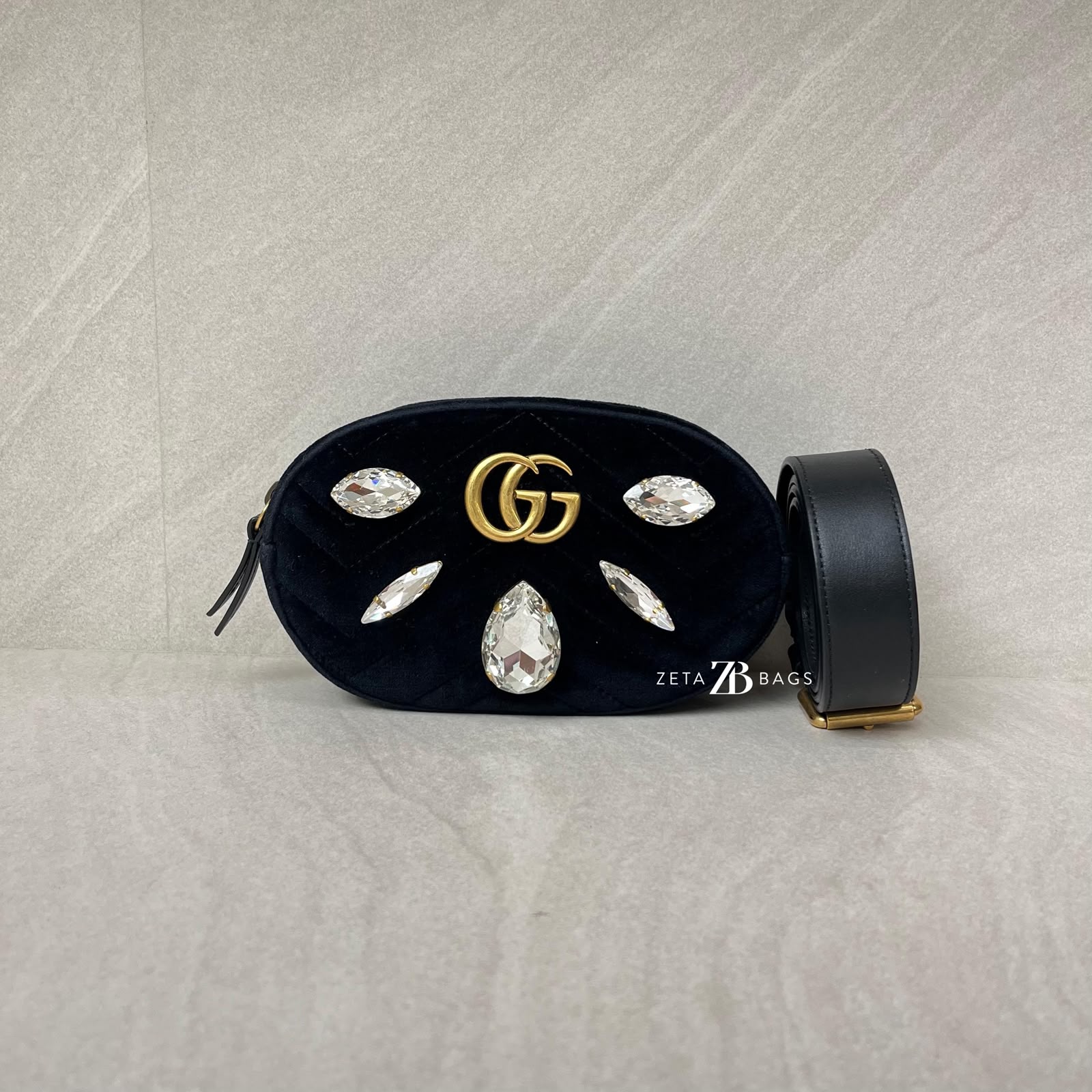 Gucci Marmont Belt Bag Giant Crystal Velvet Black GHW