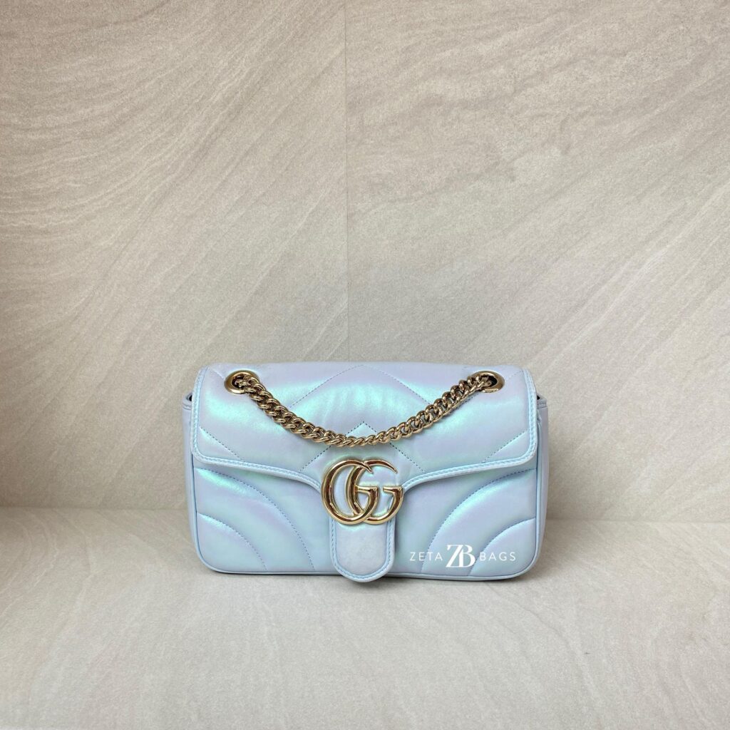 Gucci Marmont Flap Small Matelasse Iridescent Light Blue GHW