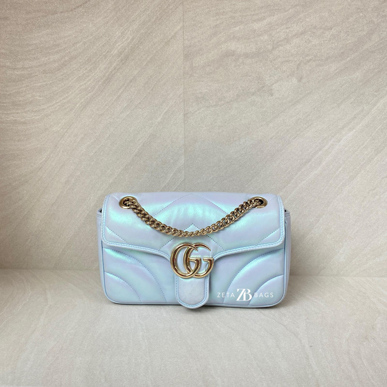 Gucci Marmont Flap Small Matelasse Iridescent Light Blue GHW