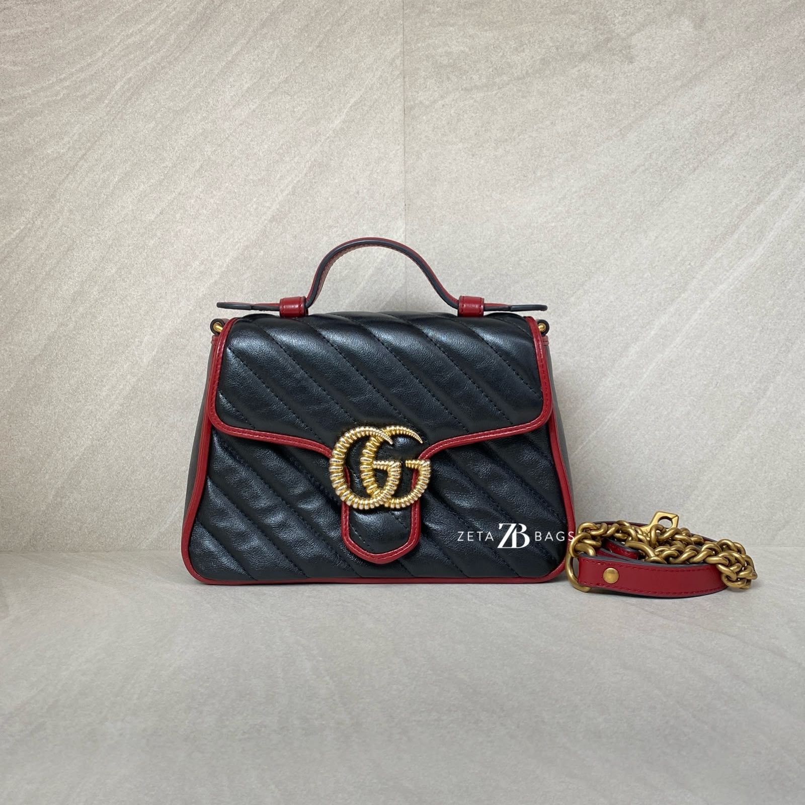 Gucci Mini Marmont Top Handle Black List Red GHW