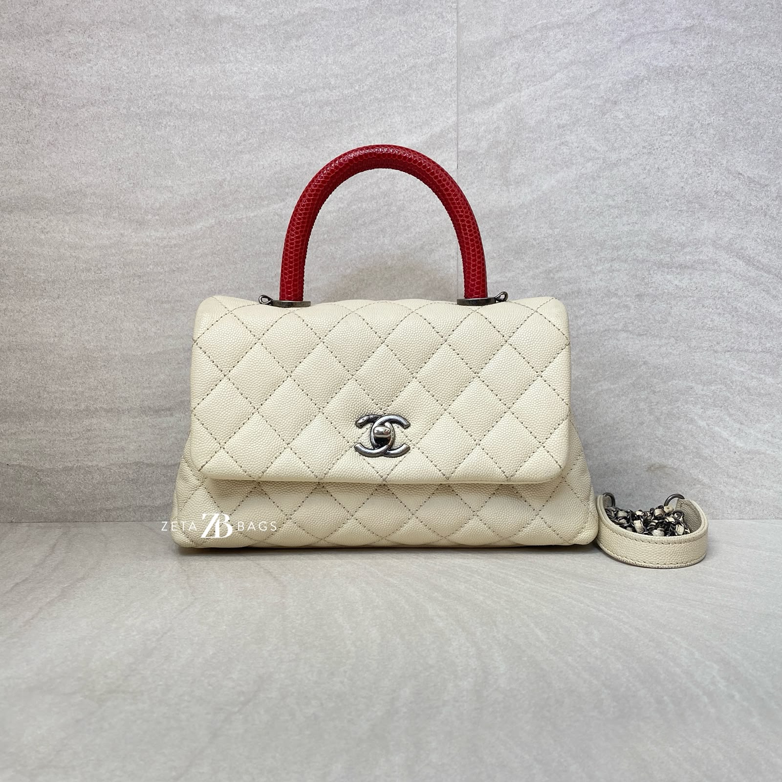 Chanel Small Coco Handle Ivory Caviar Red Lizard RHW