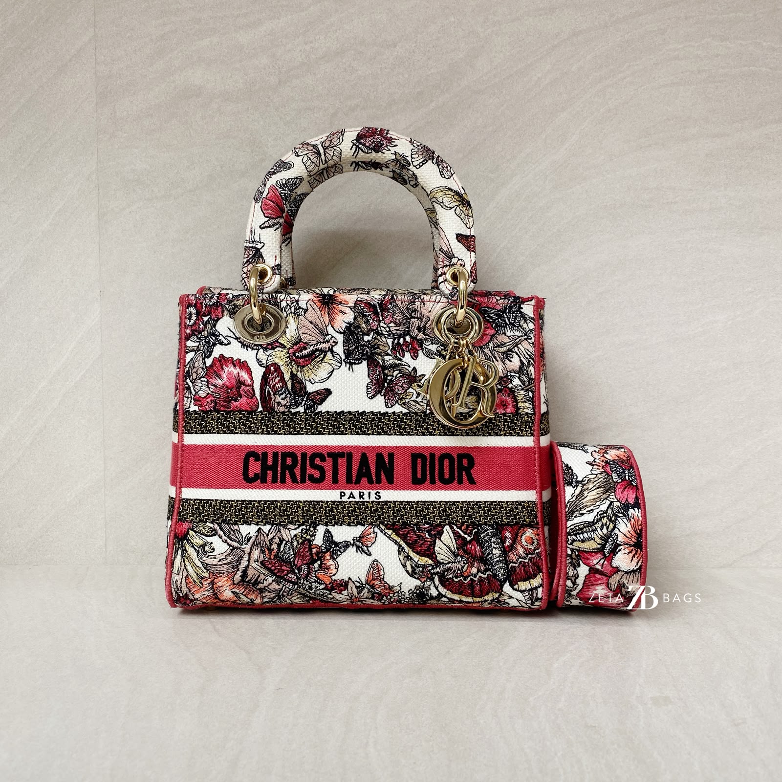 Dior Lady Dior Medium Canvas Embroidered Butterfly Print GHW