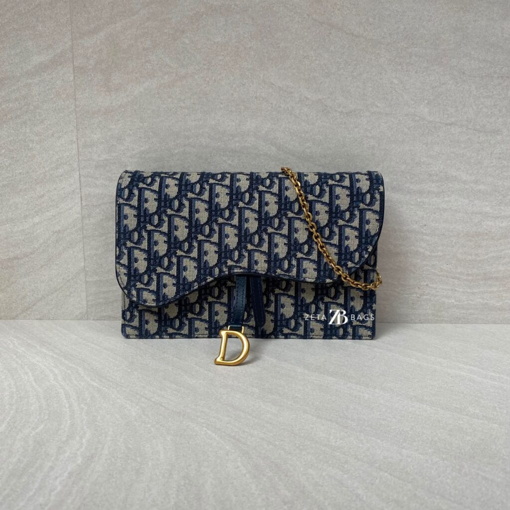 Dior Saddle Wallet On Chain Canvas Blue Oblique GHW