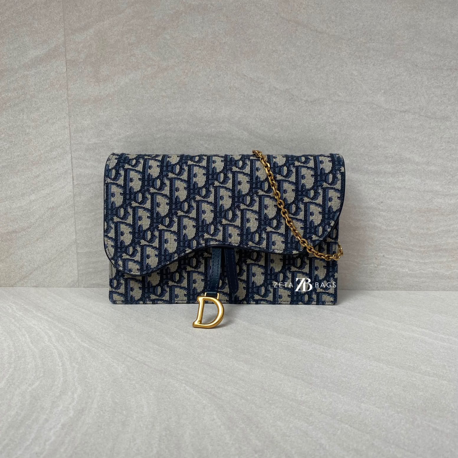 Dior Saddle Wallet On Chain Canvas Blue Oblique GHW