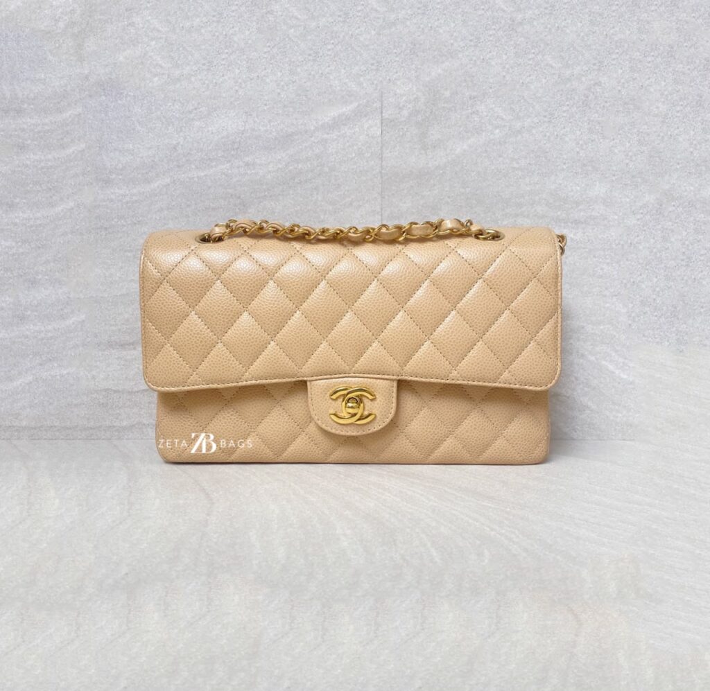 Chanel Medium Classic D Flap Caviar Beige GHW