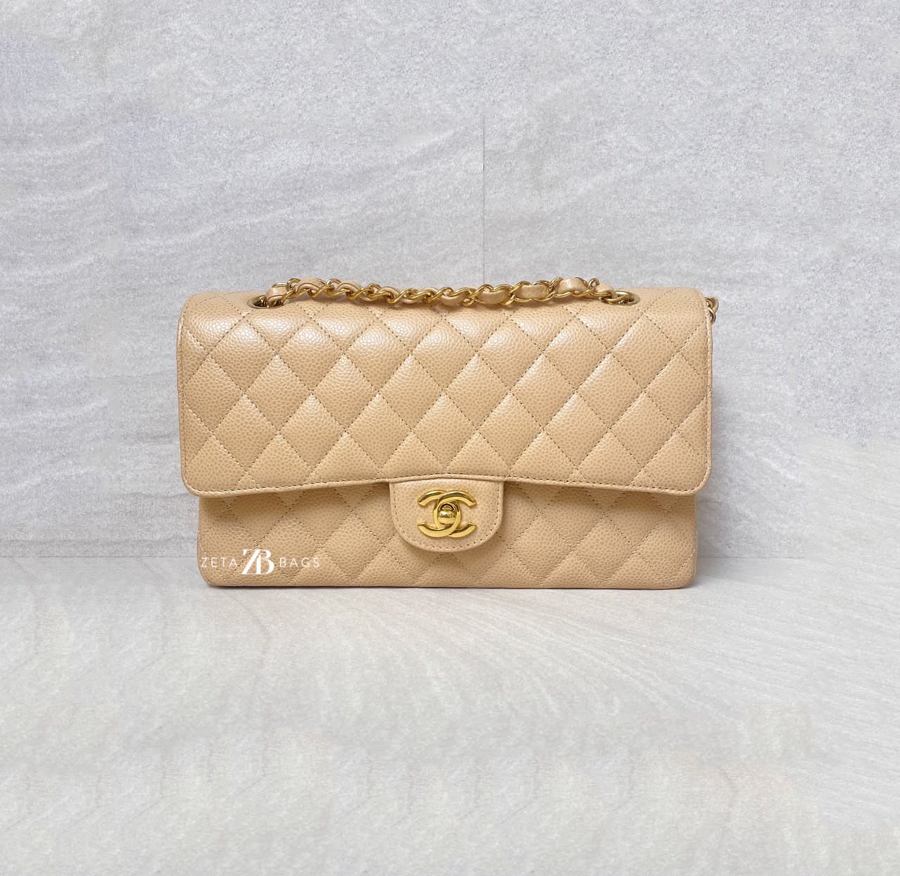 Chanel Medium Classic D Flap Caviar Beige GHW