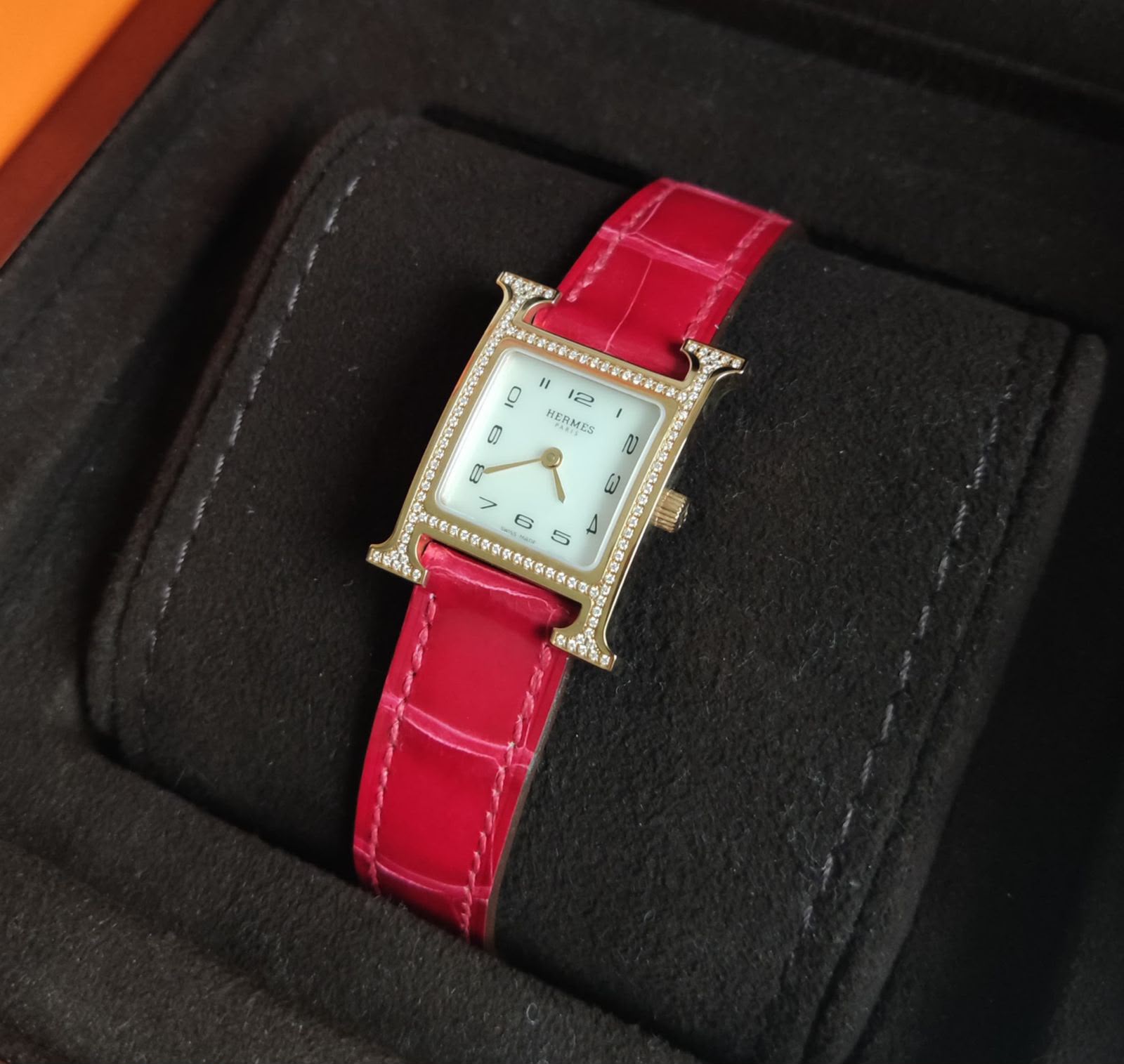 Hermes Hour PM Rose Gold Full Diamond Braise Croco Complete Set