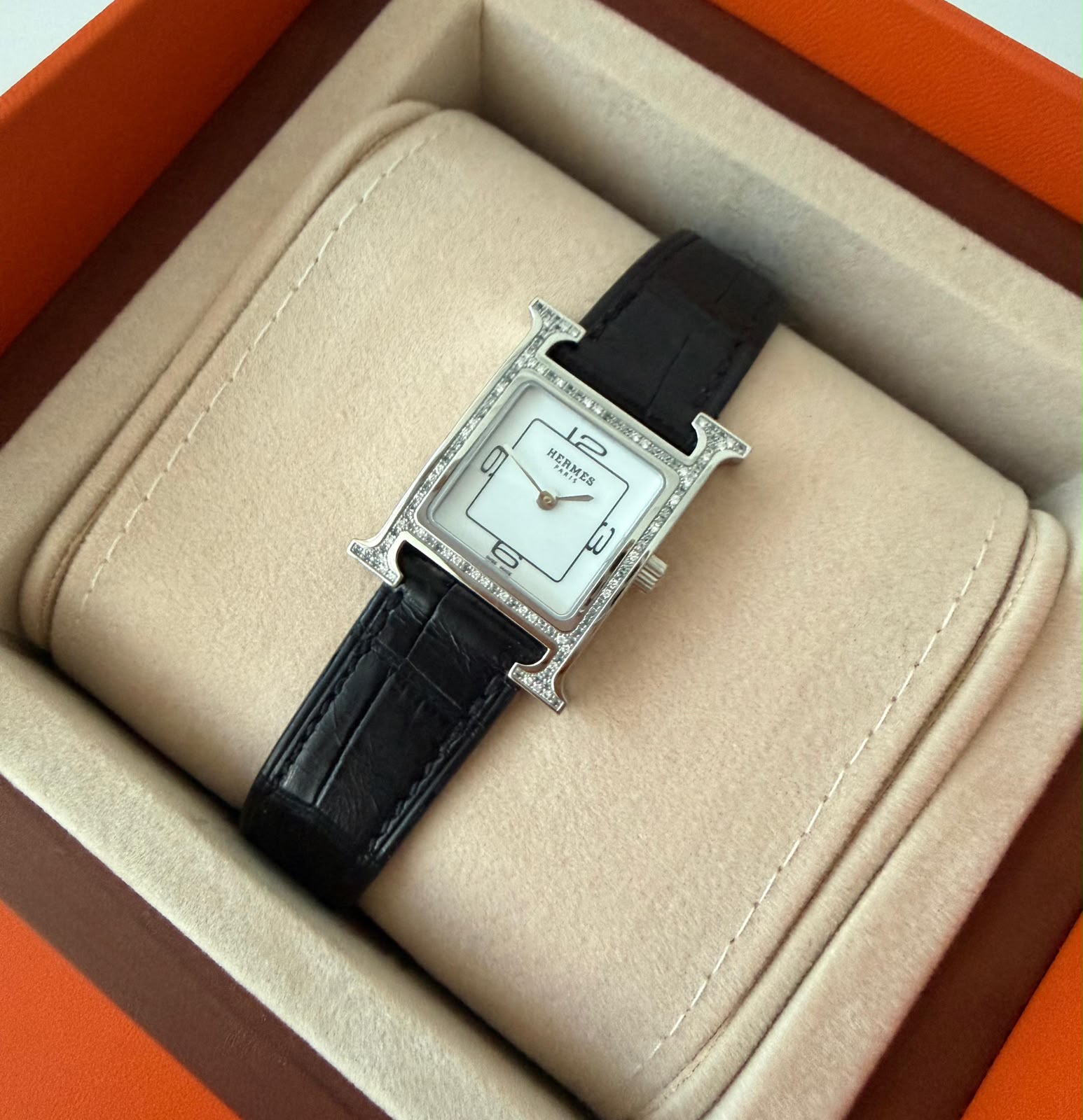 Hermes Hour Black Croco With Blue Saphire/Diamond Bezel