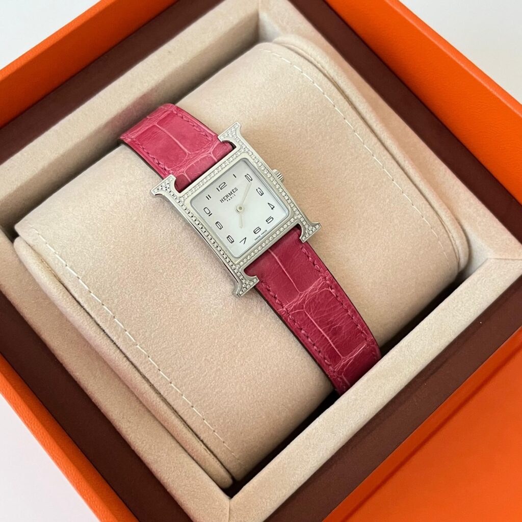 Hermes Hour PM Fuchsia Croco With Diamond Bezel