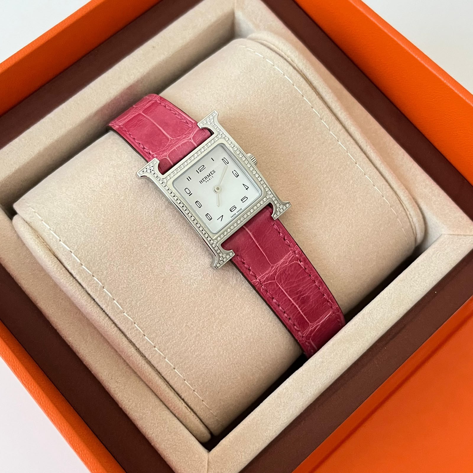 Hermes Hour PM Fuchsia Croco With Diamond Bezel