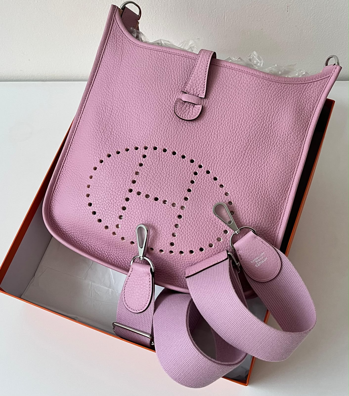 Hermes Evelyne PM Mauve Sylvester Clemence Palladium Hardware