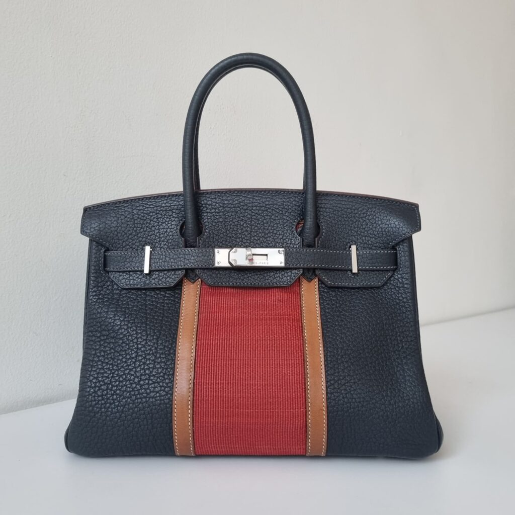 Hermes Birkin 30 Club Black Fjord/Rouge/Crinoline/Barenia Palladium Hardware