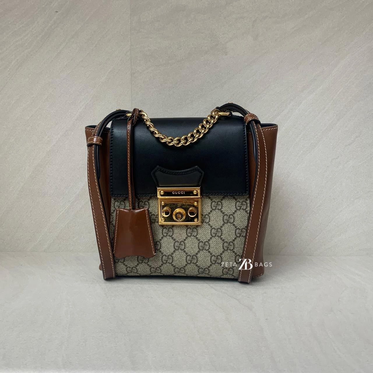 Gucci Mini Padlock Backpack GG Supreme Black Brown GHW