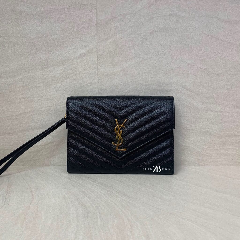 Saint Laurent Envelope Wristlet Grained Black GHW