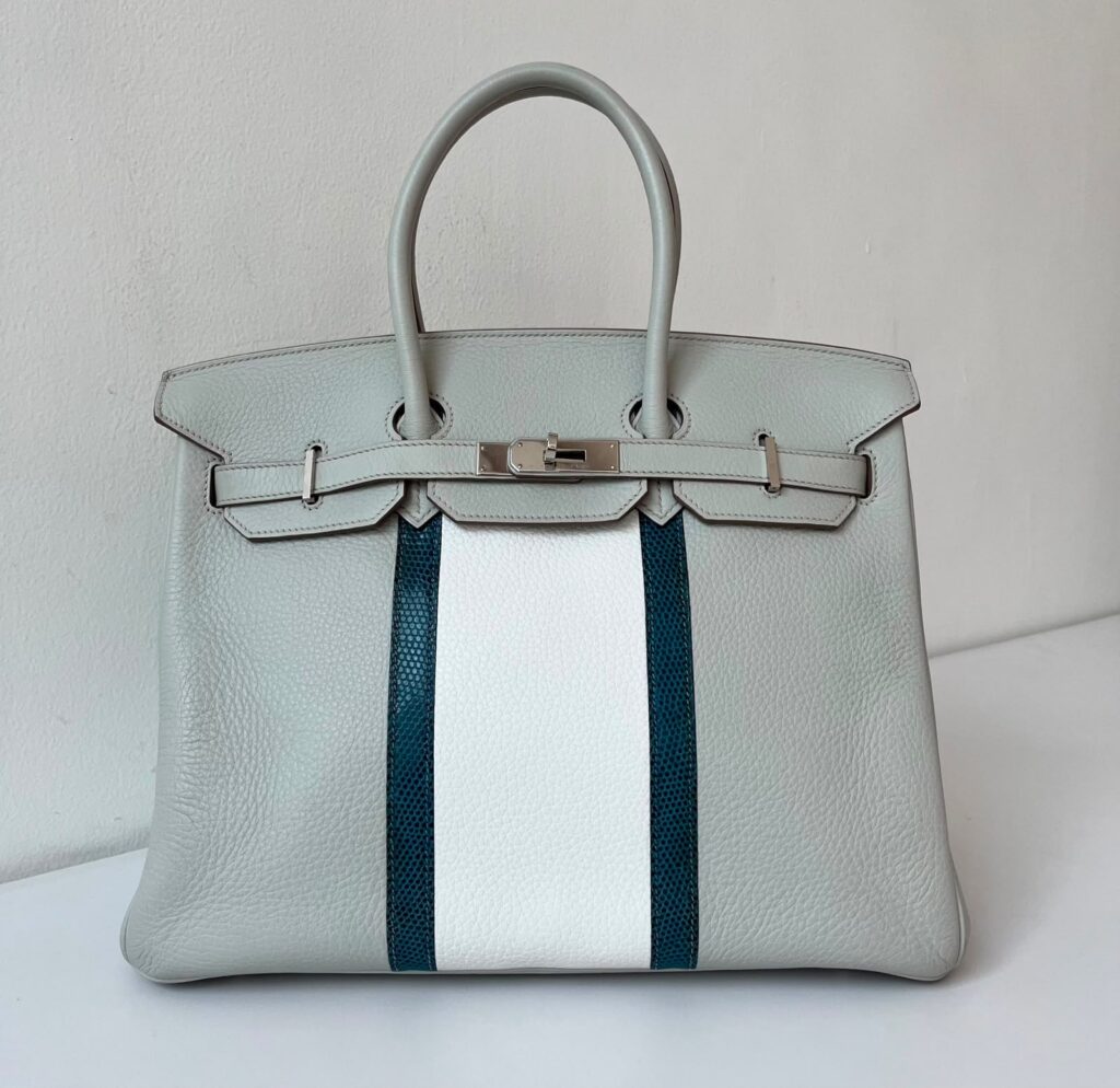 Hermes Birkin 35 Club Gris Perle/Blanc/Mykonos Lizard Togo Palladium