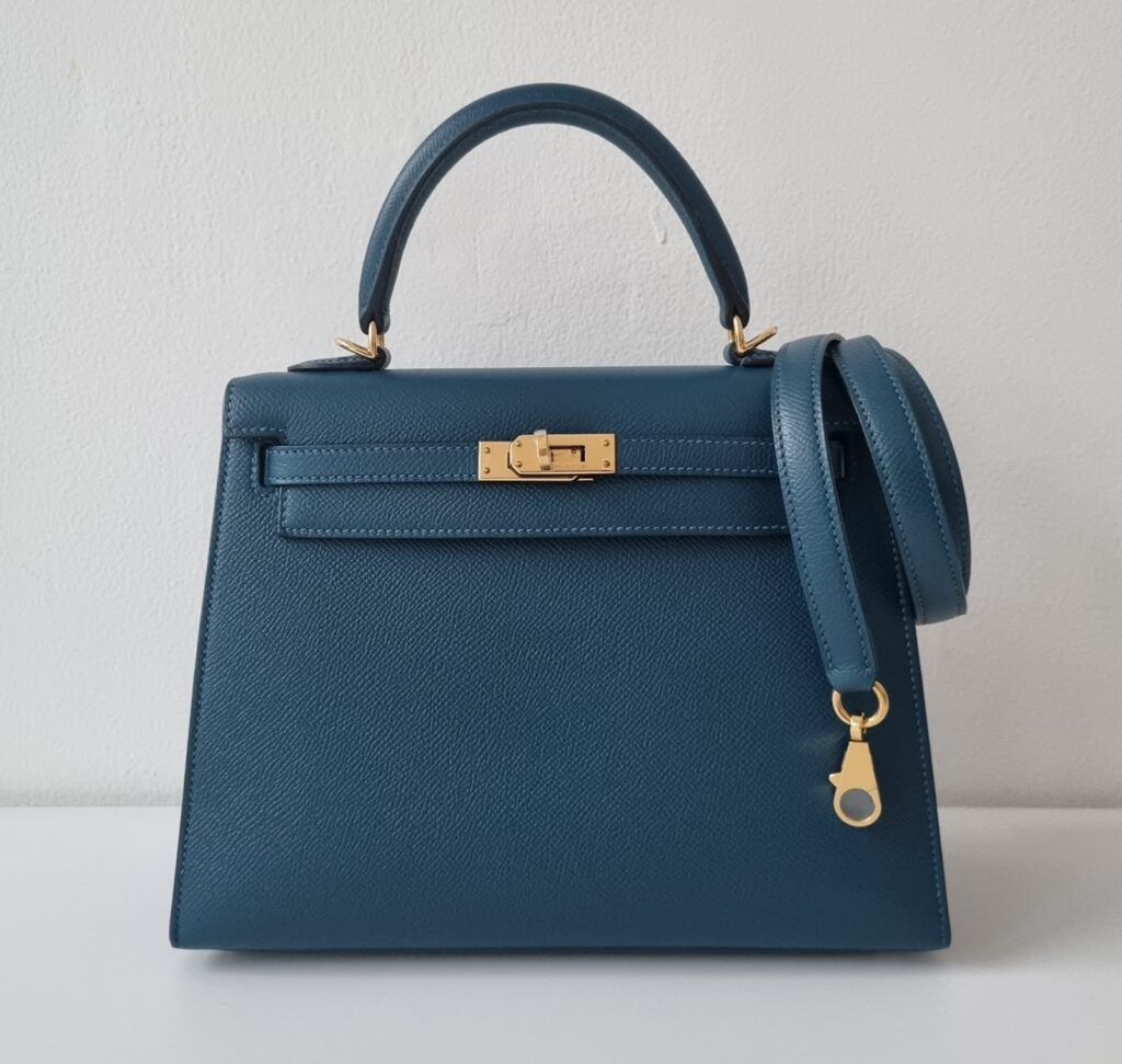 Hermes Kelly 25 Blue Colvert Epsom Sellier Gold Hardware