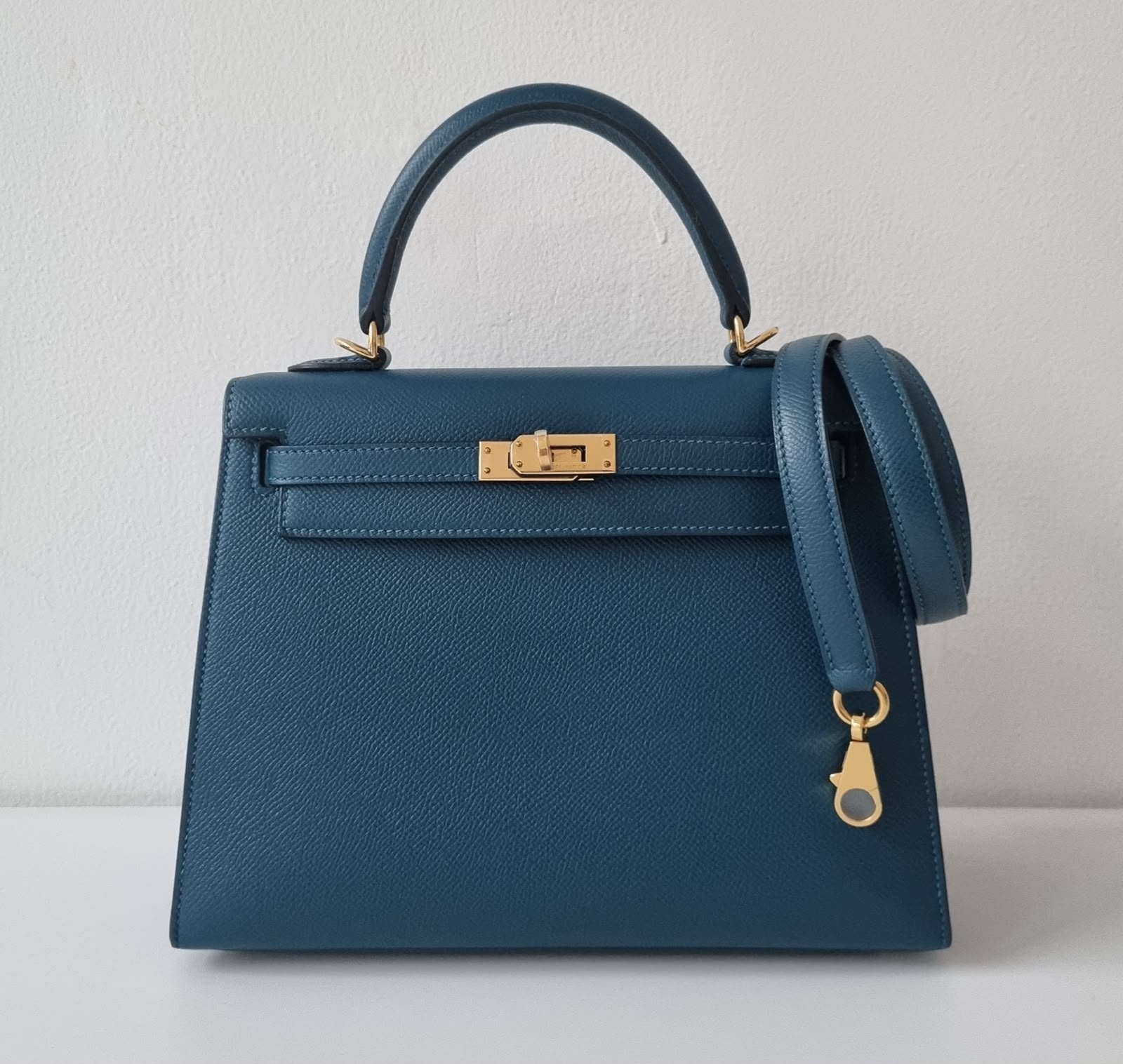 Hermes Kelly 25 Blue Colvert Epsom Sellier Gold Hardware