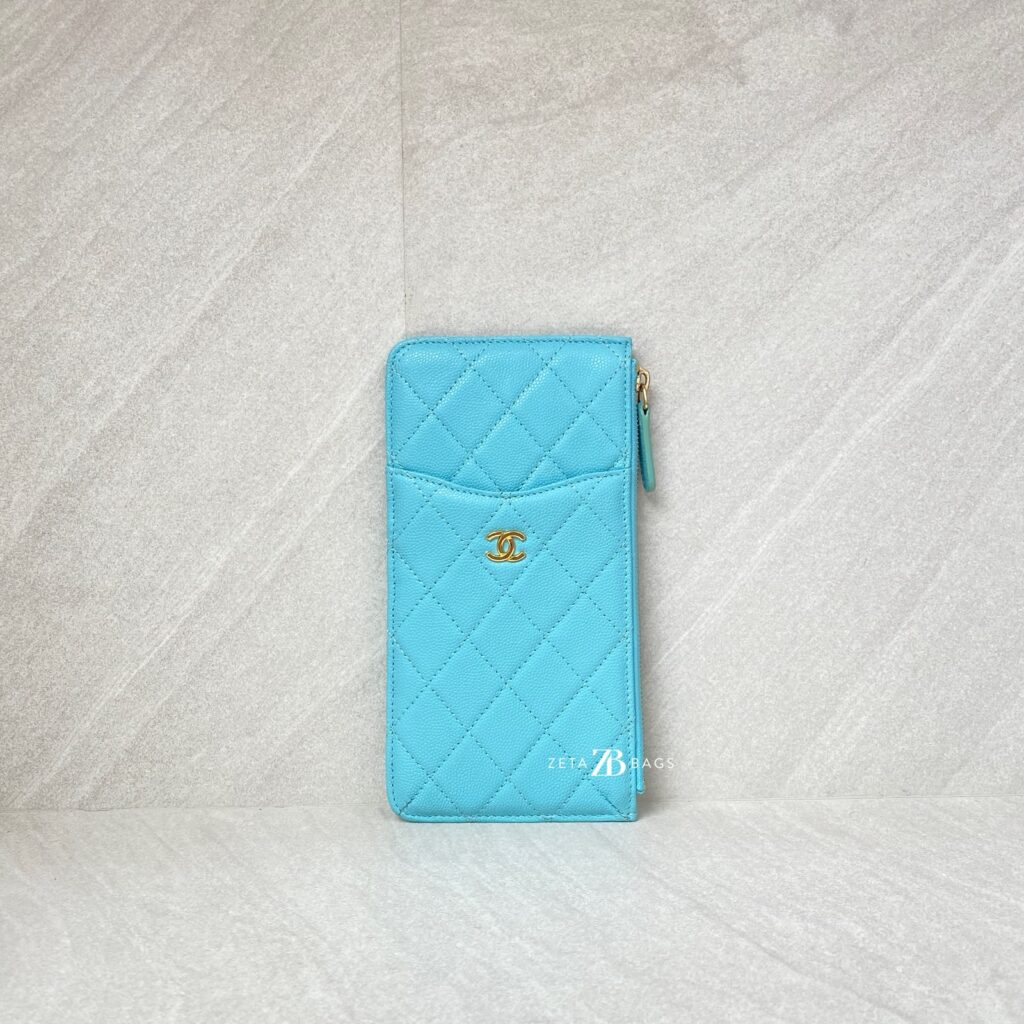 Chanel Classic Flat Wallet Caviar Light Blue GHW