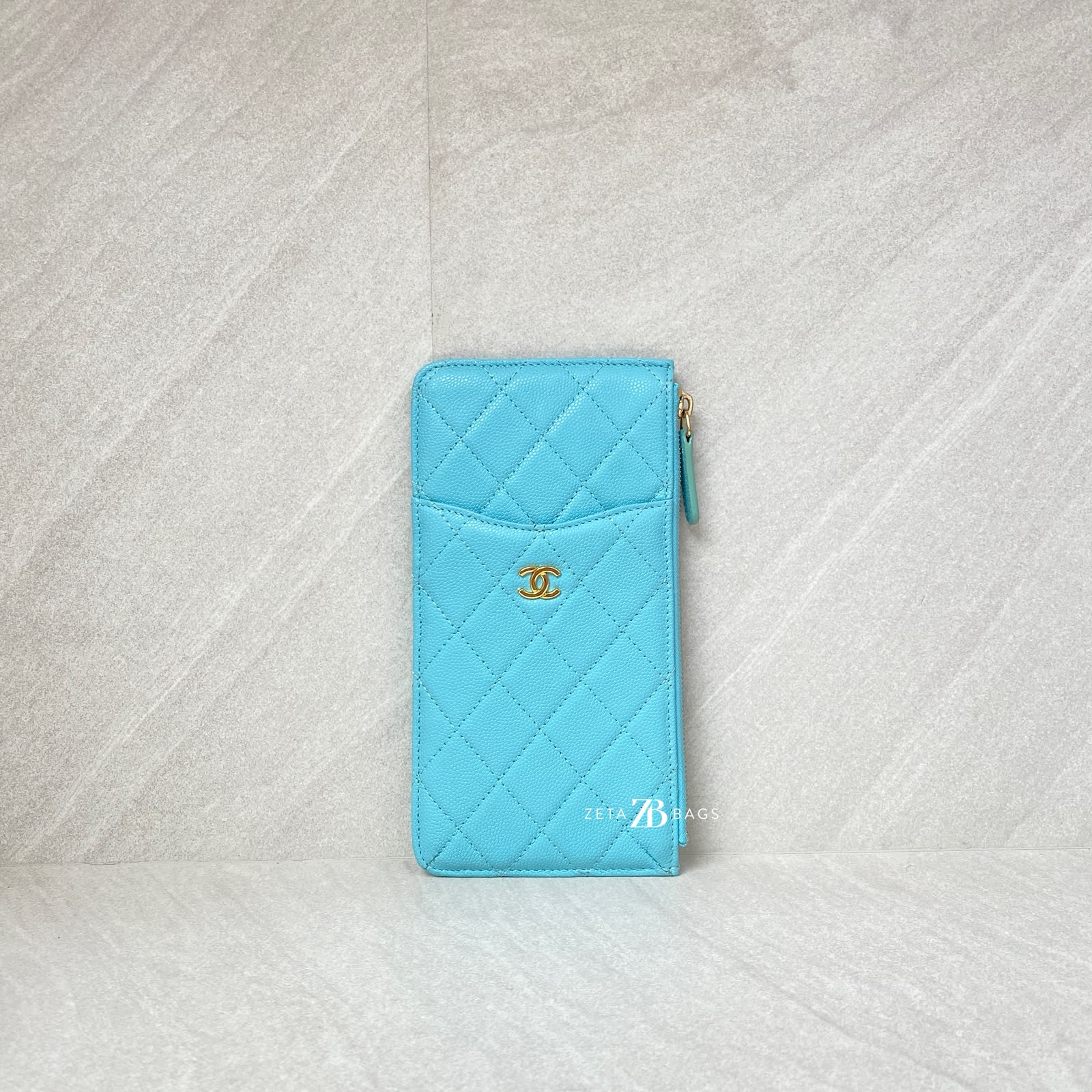 Chanel Classic Flat Wallet Caviar Light Blue GHW