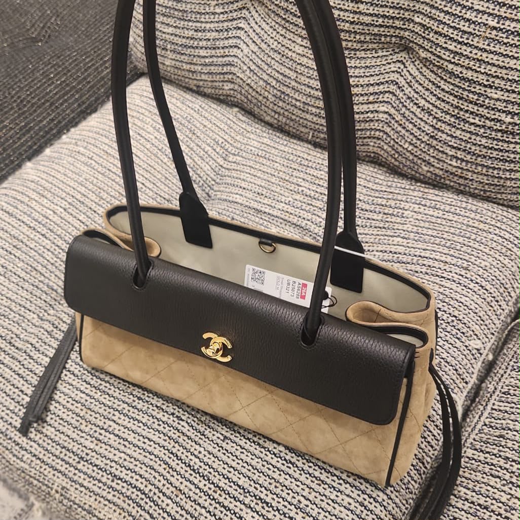 Chanel East West Small Tote Black Grained Calfskin/Dark Beige Suede Gold Hardware