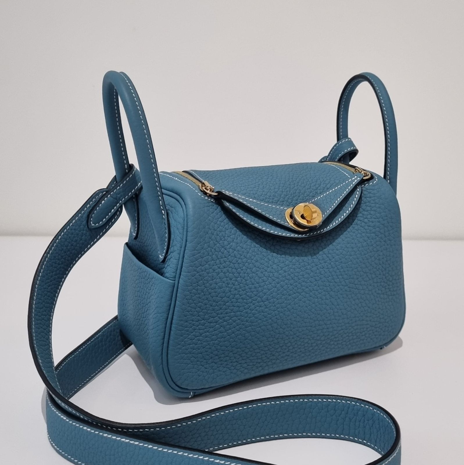 Hermes Mini Lindy II Blue Jeans Clemence Gold Hardware