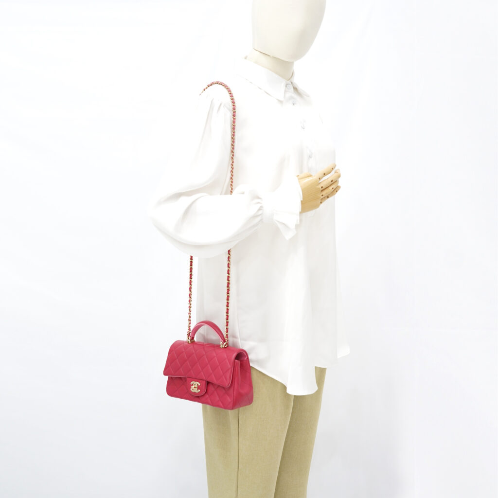 Chanel Mini Rectangle Top Handle Lambskin Bicolor Fuchsia Pink GHW