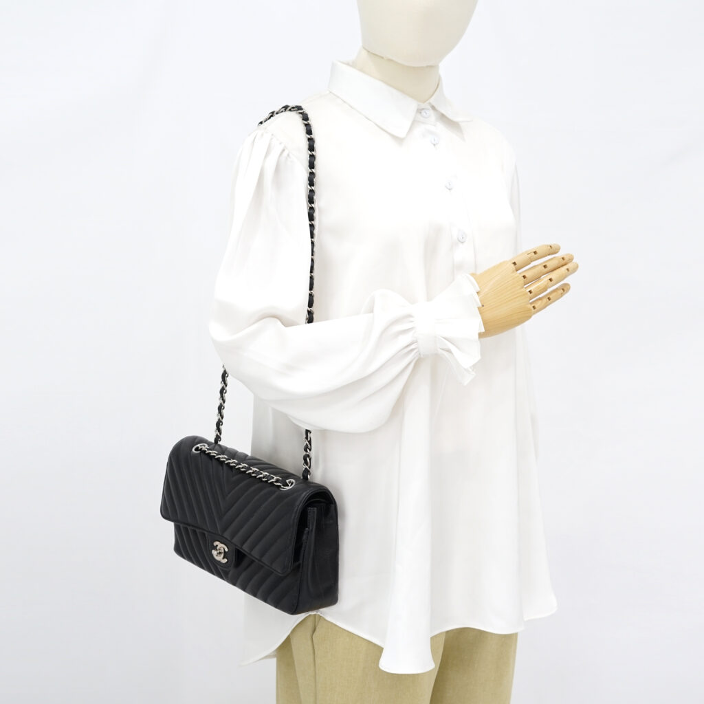 Chanel Medium Classic D Flap Chevron Caviar Black SHW