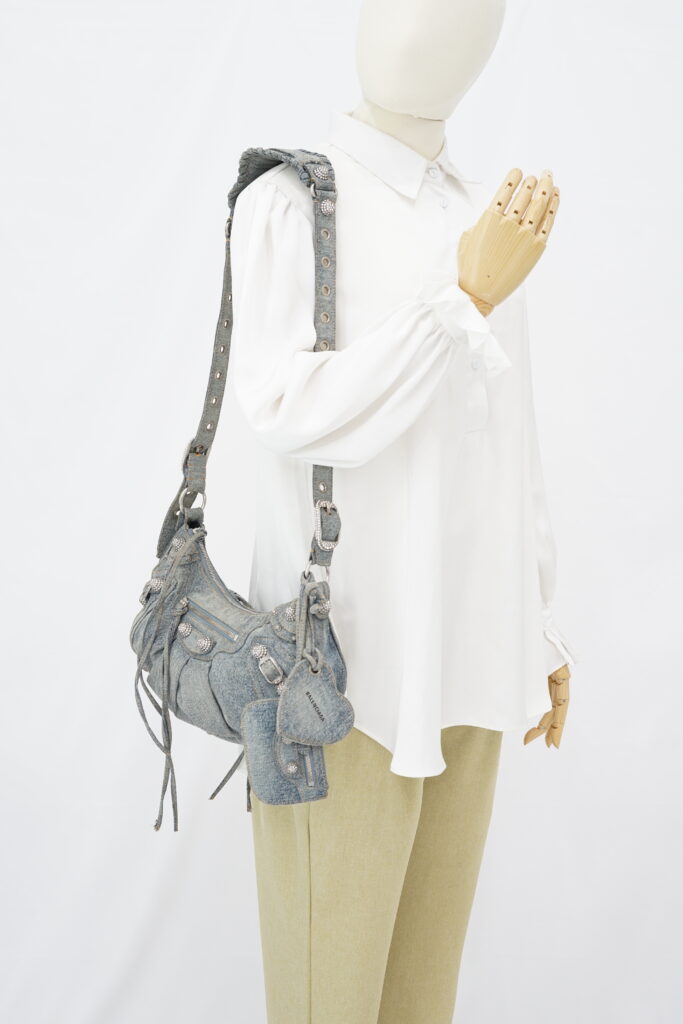 Balenciaga Small Le Cagole Blue Distressed Denim Crystal SHW