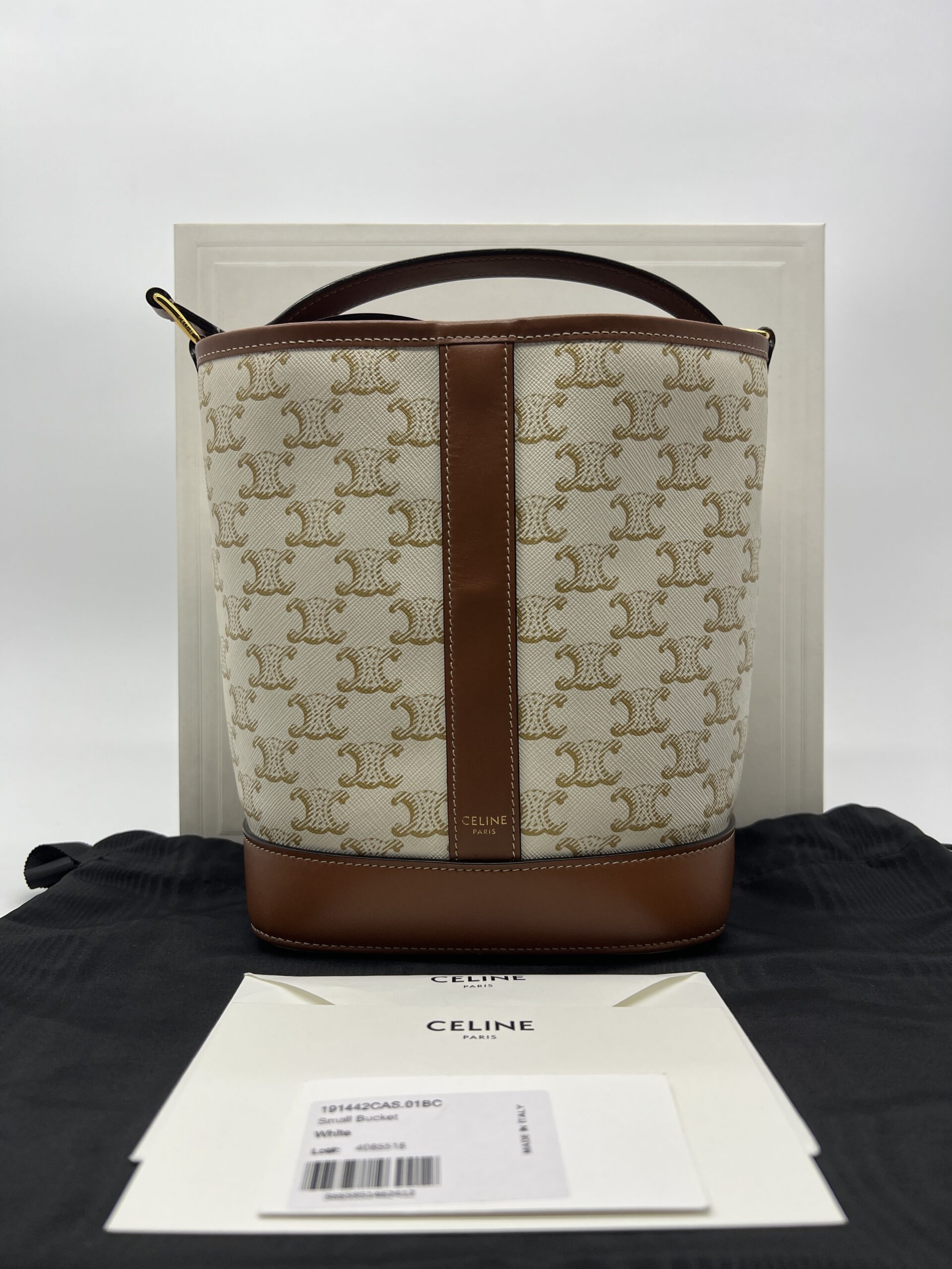 Celine Triomphe Small Bucket White Tan GHW