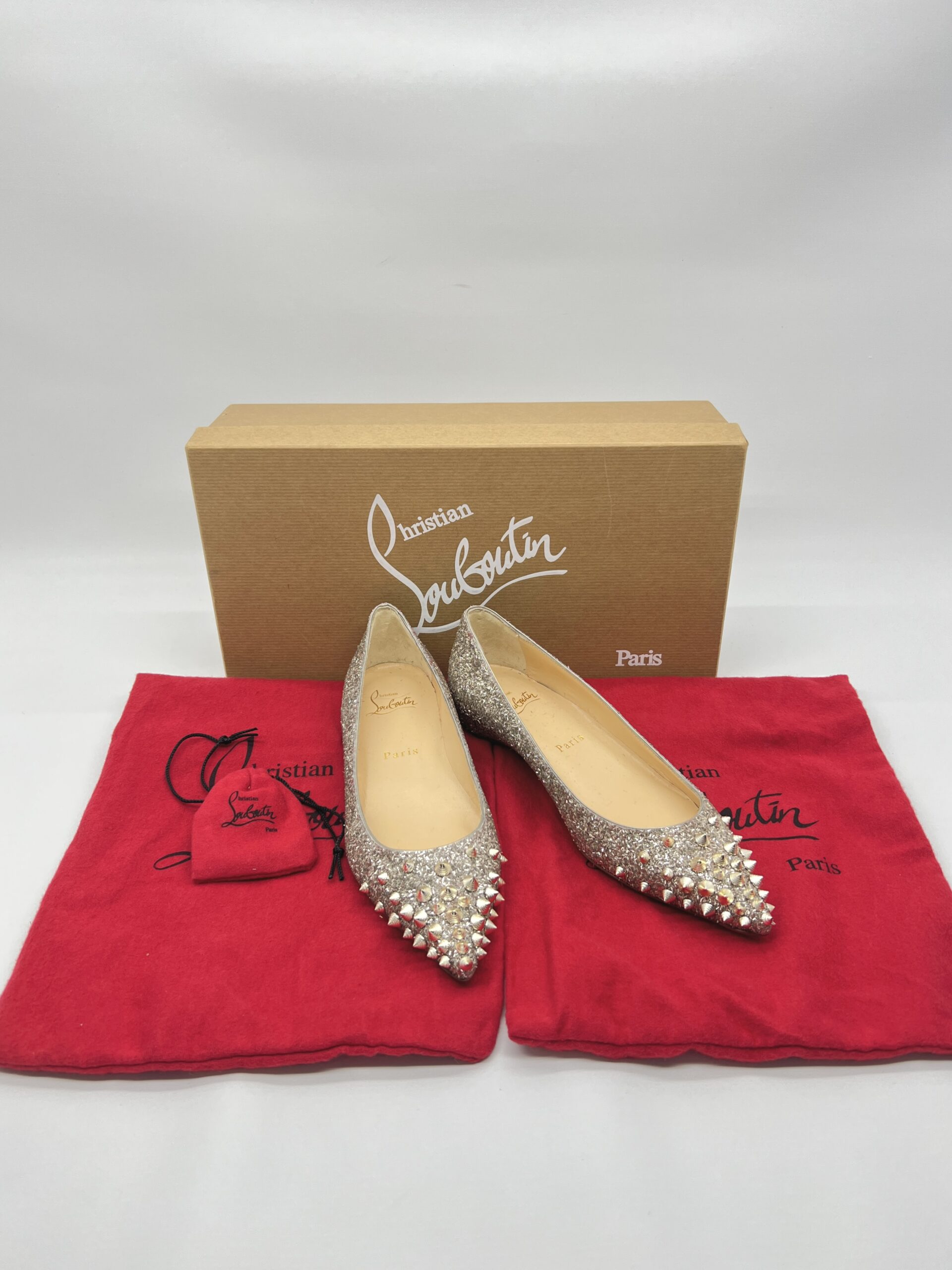 Christian Louboutin Spikysheel Flat Glitter White Gold