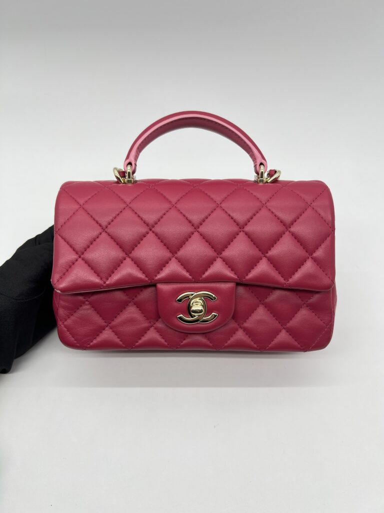 Chanel Mini Rectangle Top Handle Lambskin Bicolor Fuchsia Pink GHW