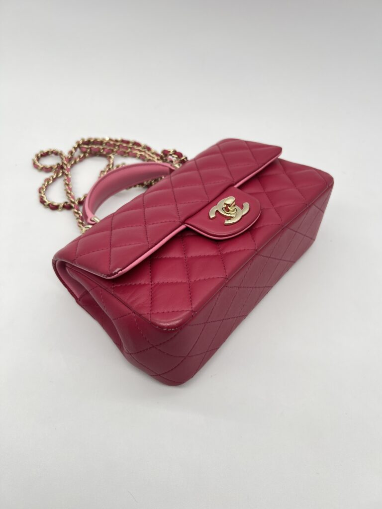 Chanel Mini Rectangle Top Handle Lambskin Bicolor Fuchsia Pink GHW