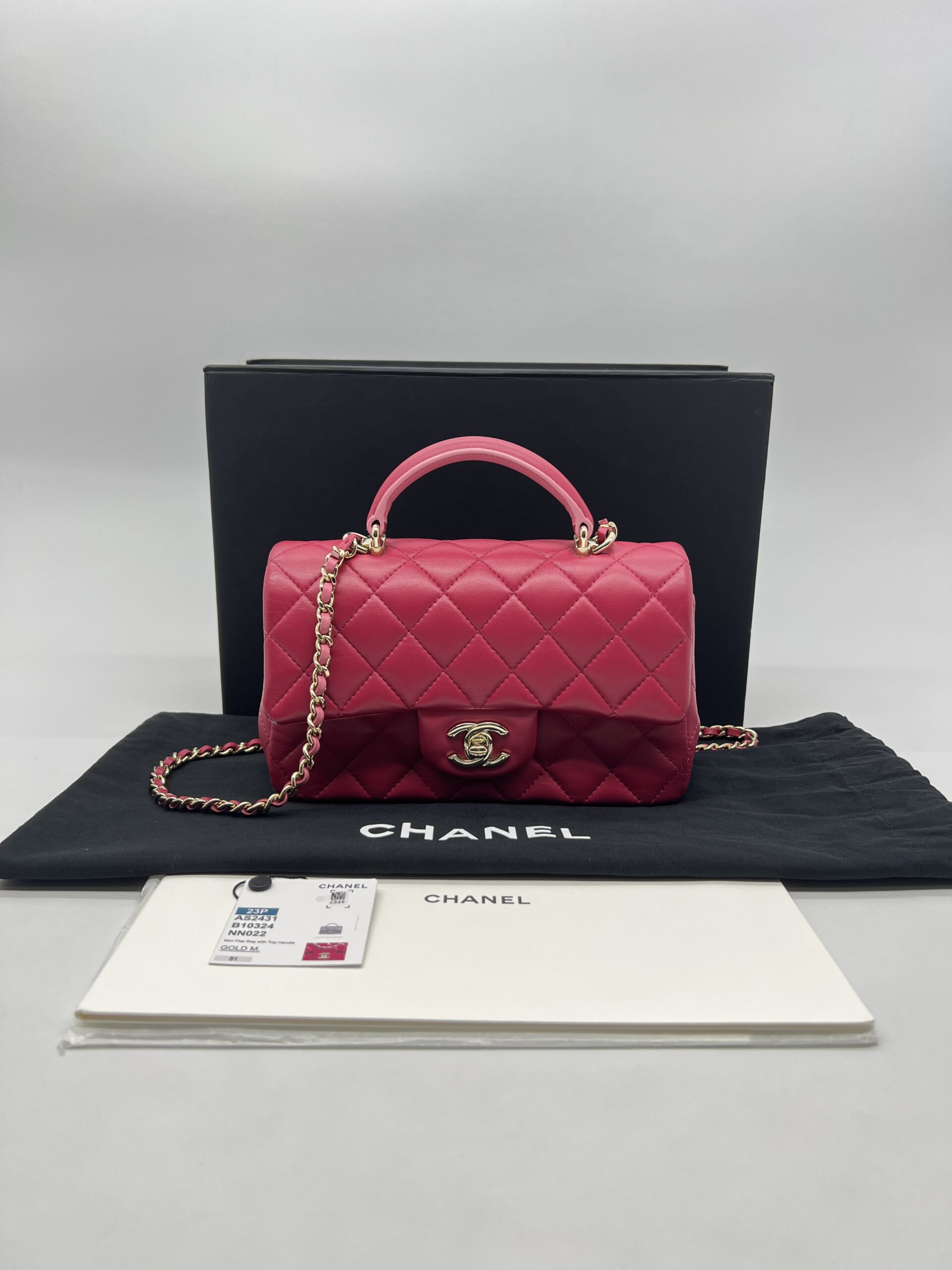 Chanel Mini Rectangle Top Handle Lambskin Bicolor Fuchsia Pink GHW