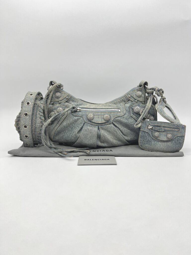Balenciaga Small Le Cagole Blue Distressed Denim Crystal SHW