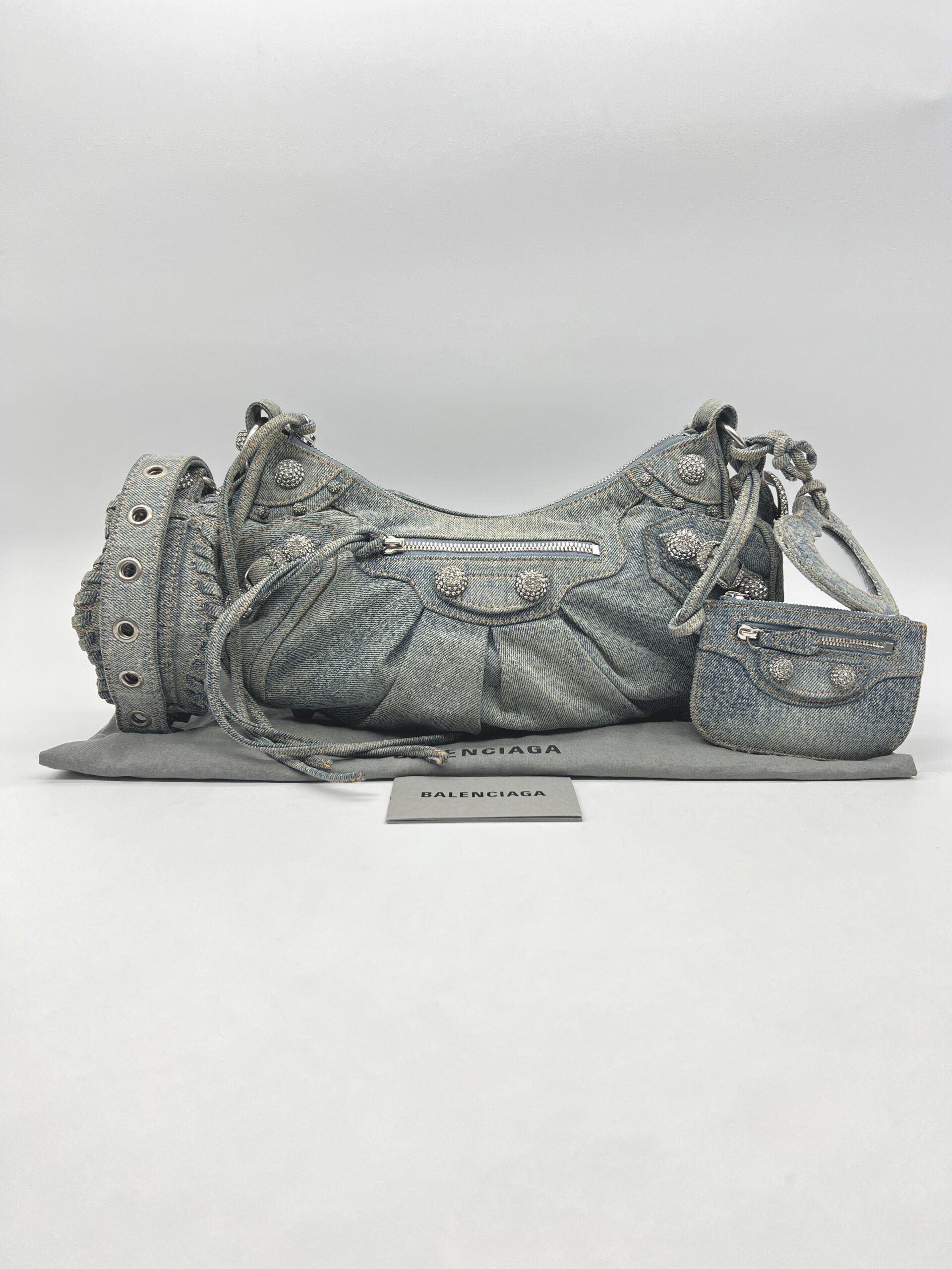 Balenciaga Small Le Cagole Blue Distressed Denim Crystal SHW