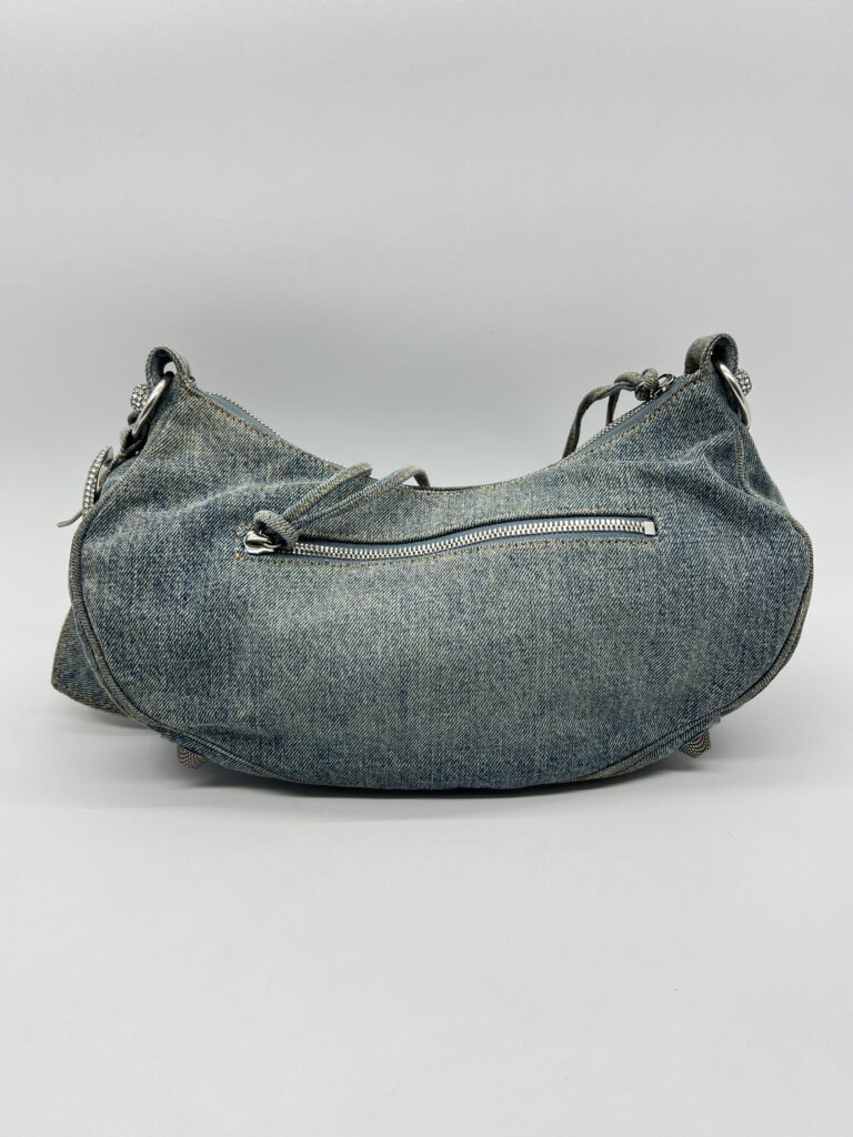 Balenciaga Small Le Cagole Blue Distressed Denim Crystal SHW