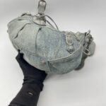 Balenciaga Small Le Cagole Blue Distressed Denim Crystal SHW