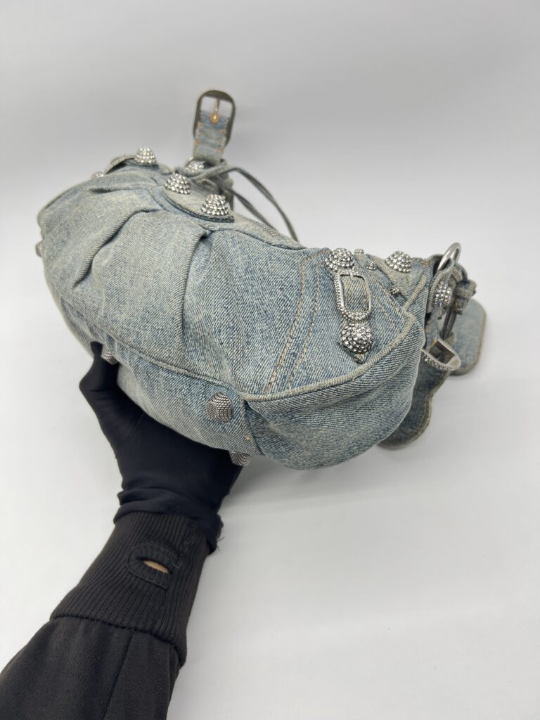 Balenciaga Small Le Cagole Blue Distressed Denim Crystal SHW
