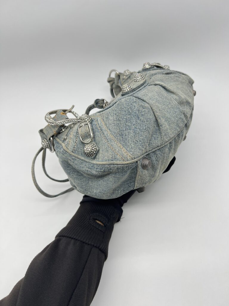 Balenciaga Small Le Cagole Blue Distressed Denim Crystal SHW