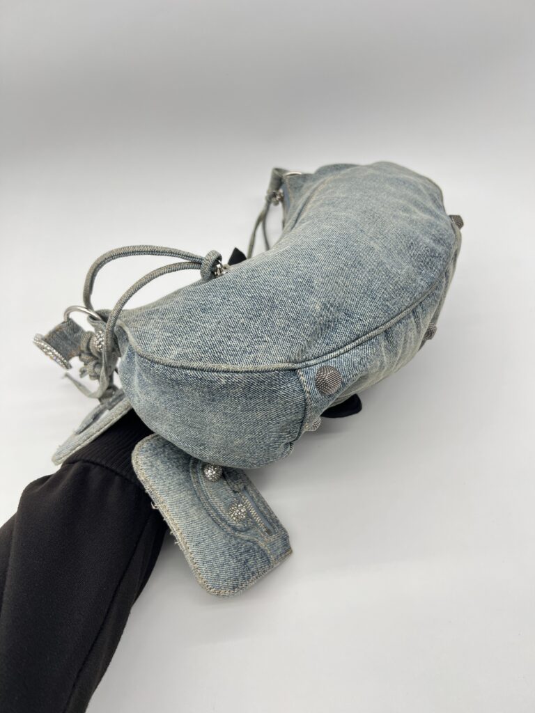 Balenciaga Small Le Cagole Blue Distressed Denim Crystal SHW