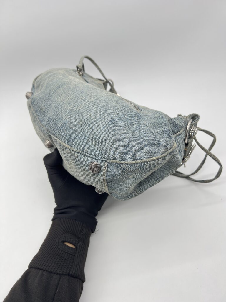 Balenciaga Small Le Cagole Blue Distressed Denim Crystal SHW
