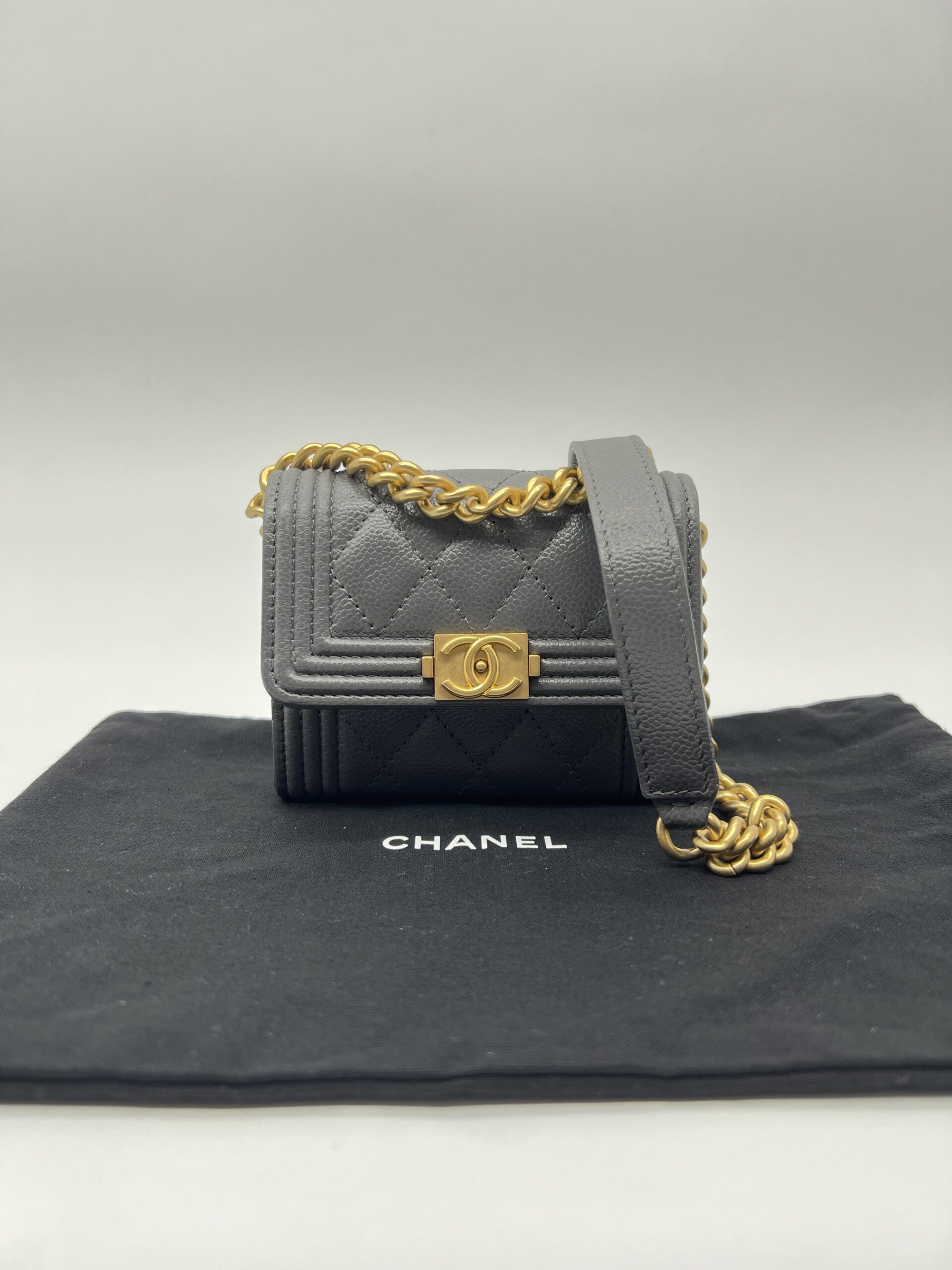 Chanel Boy Wallet Chain Caviar Grey GHW