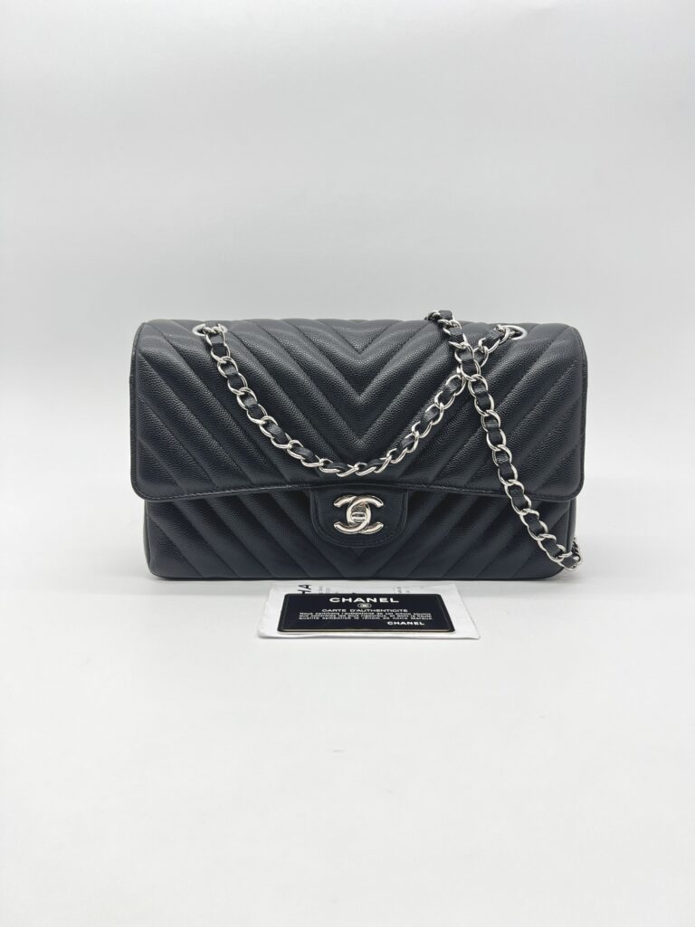 Chanel Medium Classic D Flap Chevron Caviar Black SHW