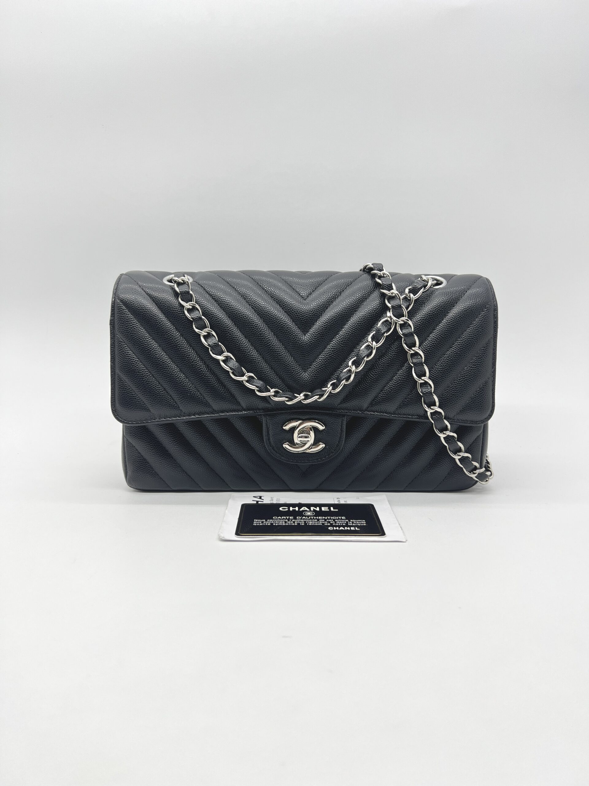 Chanel Medium Classic D Flap Chevron Caviar Black SHW