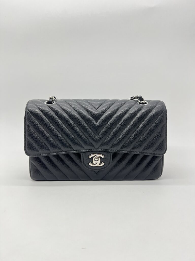 Chanel Medium Classic D Flap Chevron Caviar Black SHW