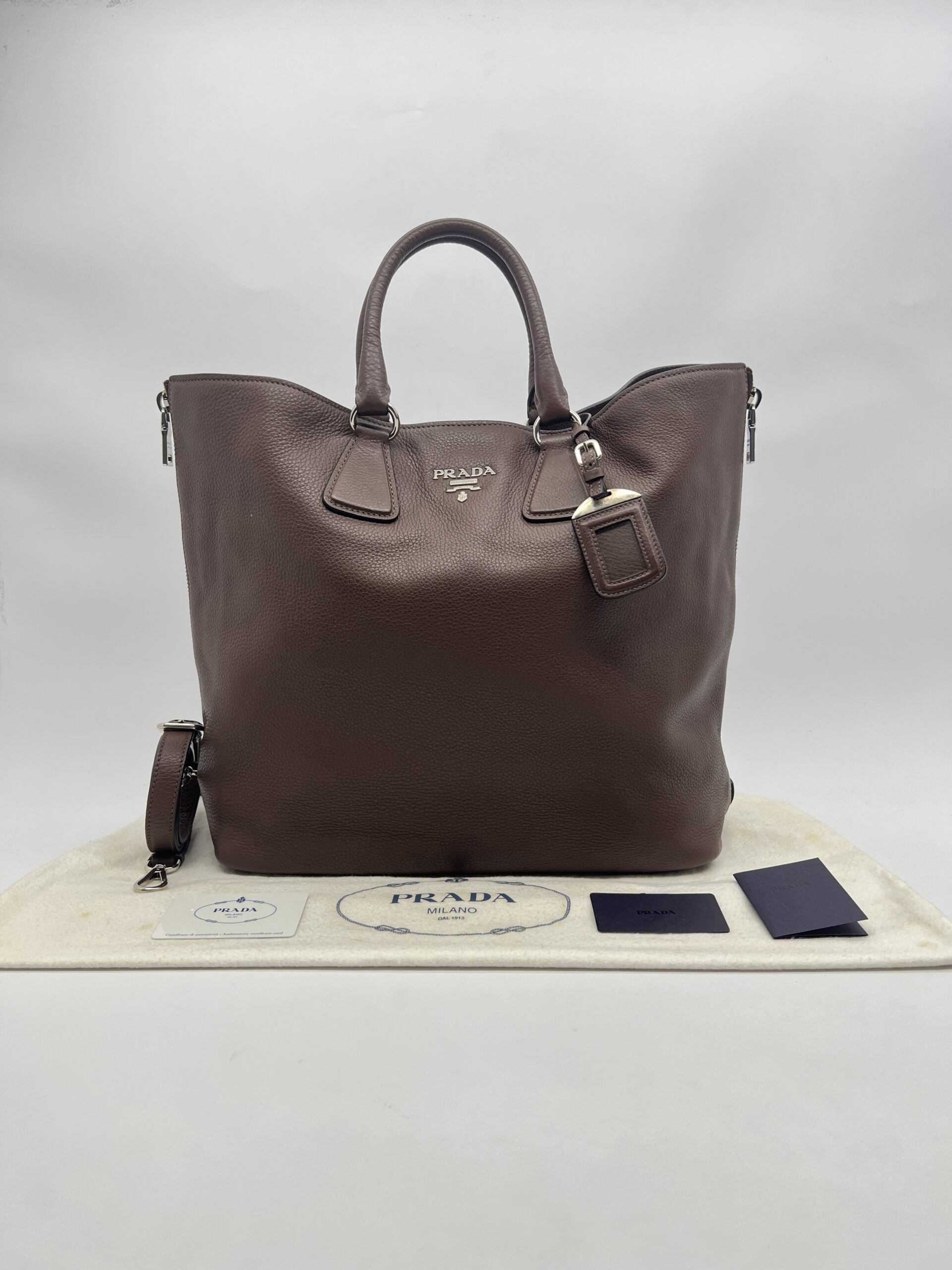 Prada Shopping Tote Side Zip Vitello Phenix Dark Brown /Bruciato SHW