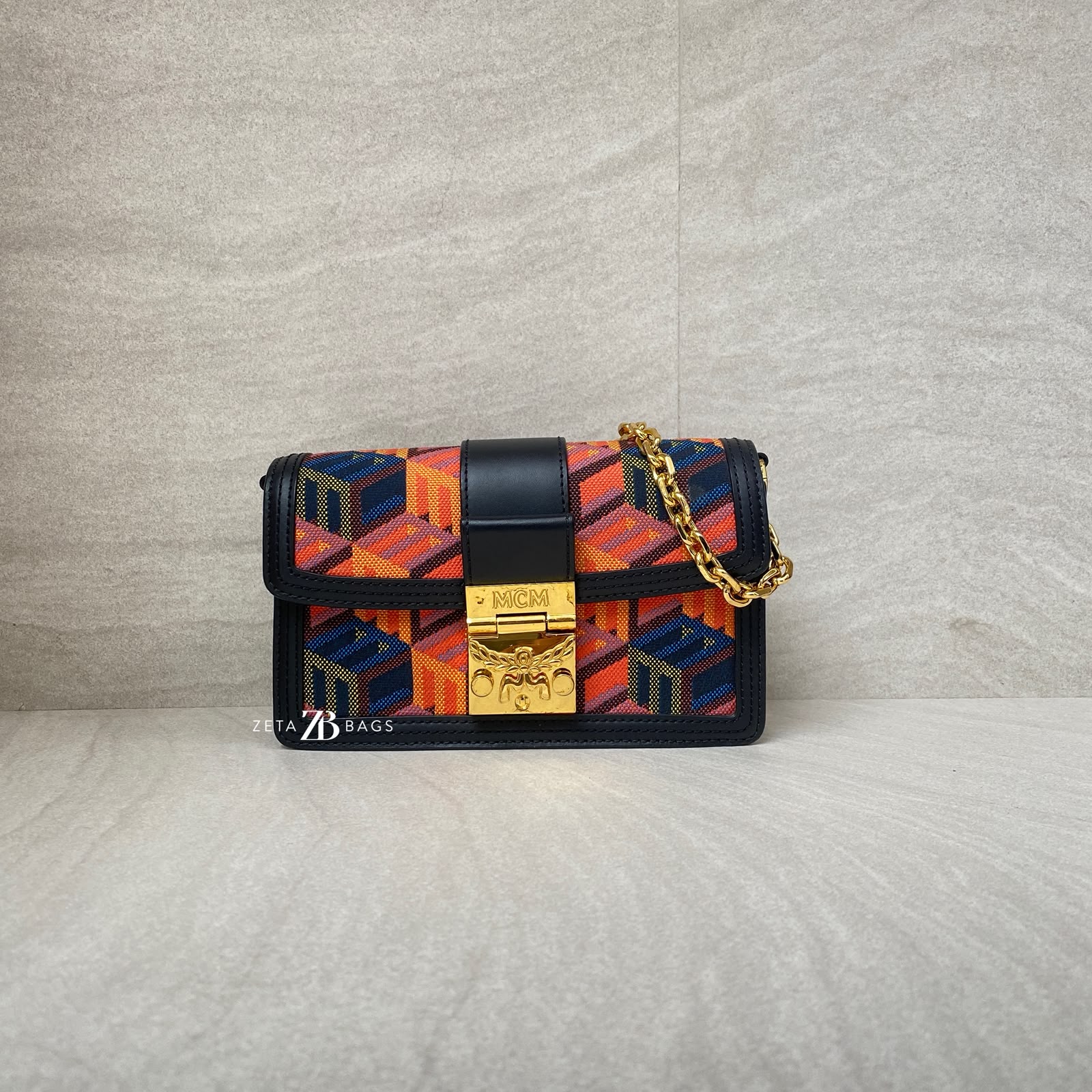 MCM Tracy Crossbody Bag Black Orange Cubic GHW