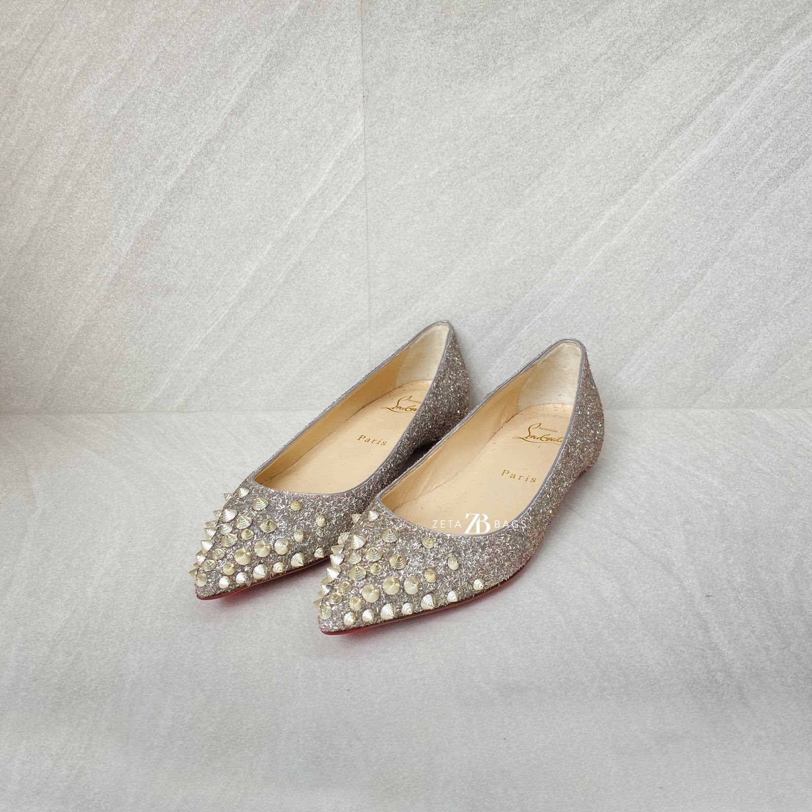 Christian Louboutin Spikysheel Flat Glitter White Gold