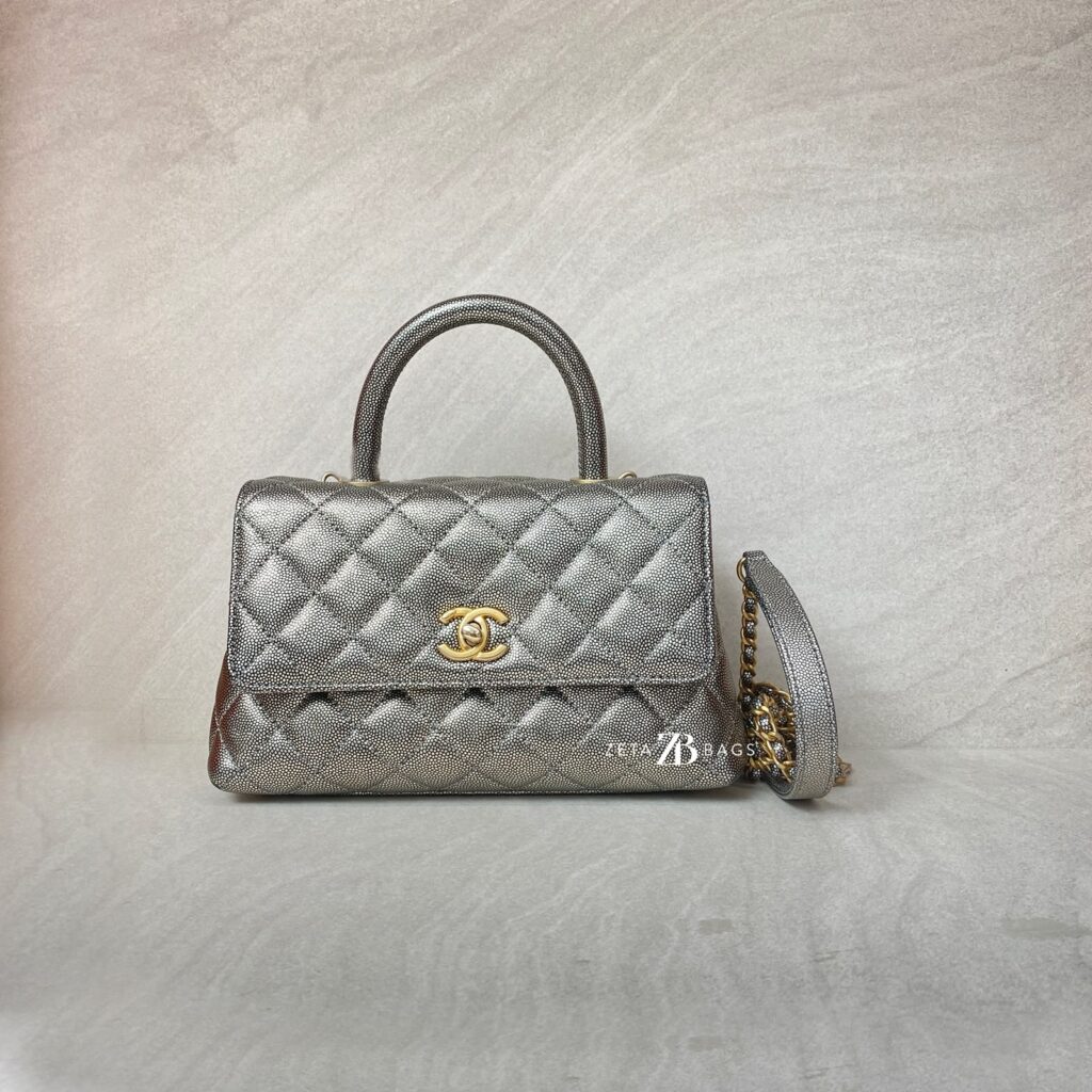Chanel Small Coco Handle Caviar Metallic Silver GHW